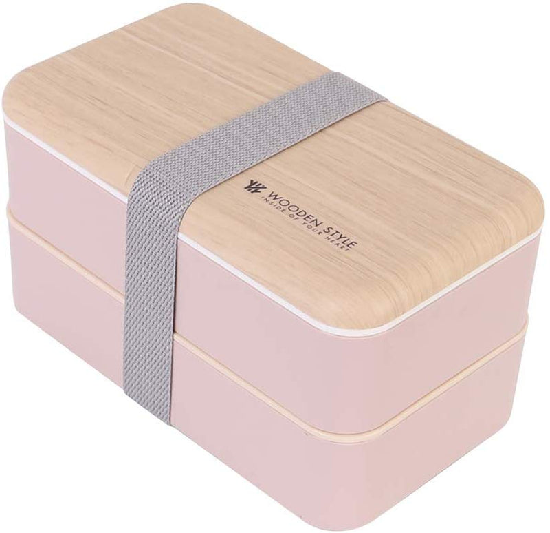 2 Layered Stacked Bento Box with wood style lid